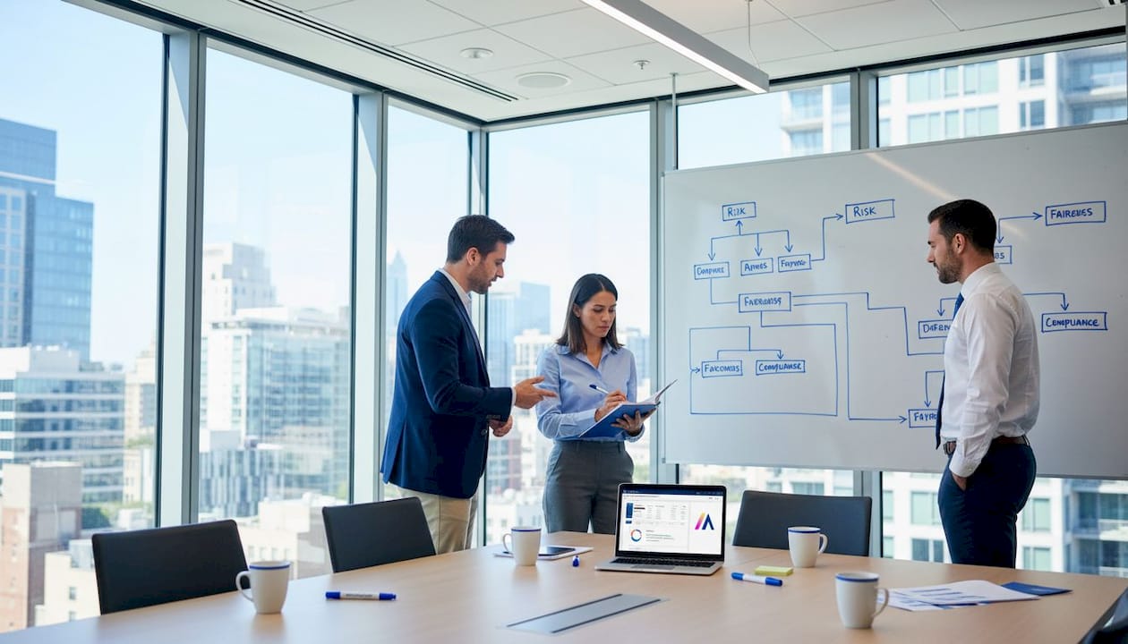 Team reviewing AI risk and compliance notes in office