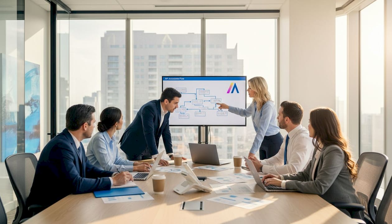 Team reviewing workflow chart in meeting room