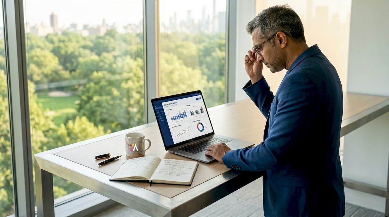 Business leader reviews operational analytics at meeting table