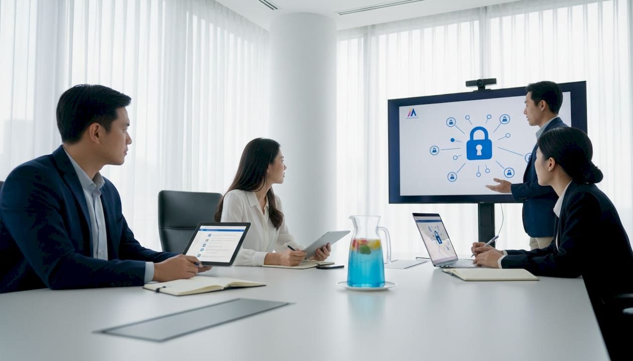 IT team discussing AI platform security in conference room