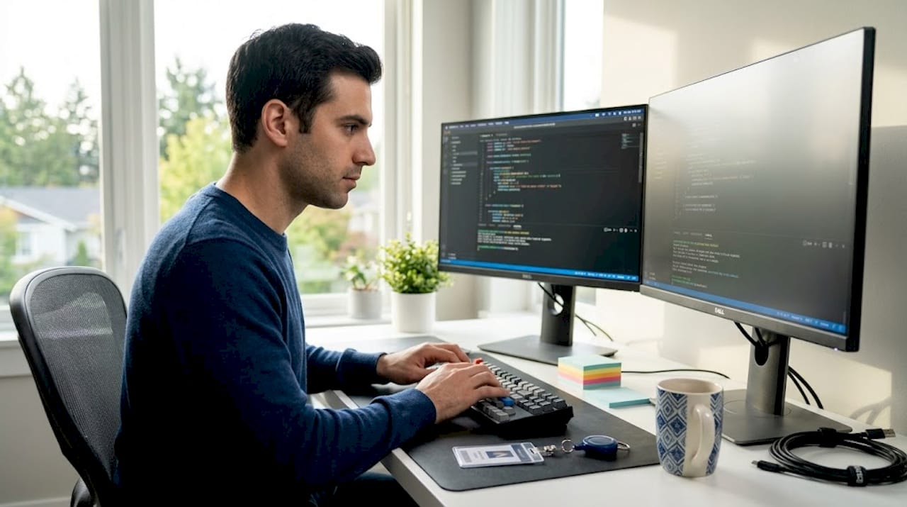 Engineer coding at workstation with security badge