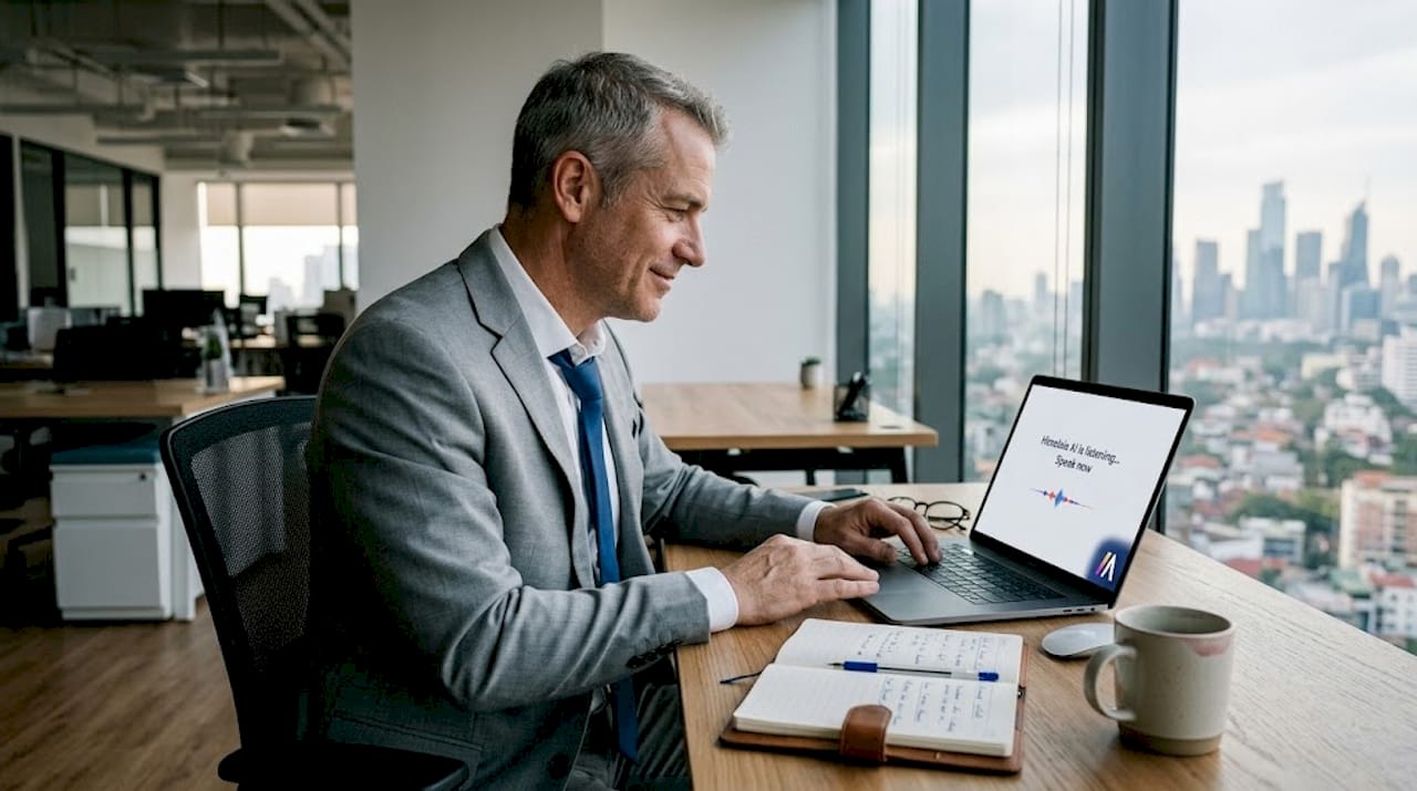 Executive speaking to laptop AI assistant in office