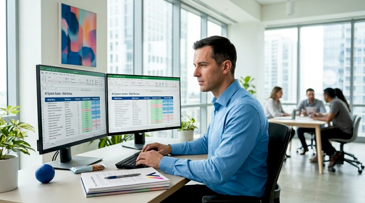 IT manager cataloging AI systems at workstation