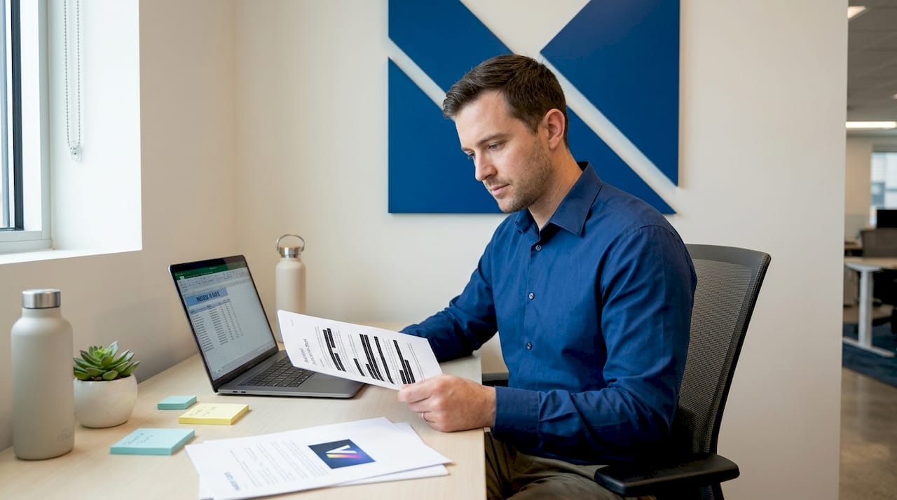 Office worker reviews masked data report