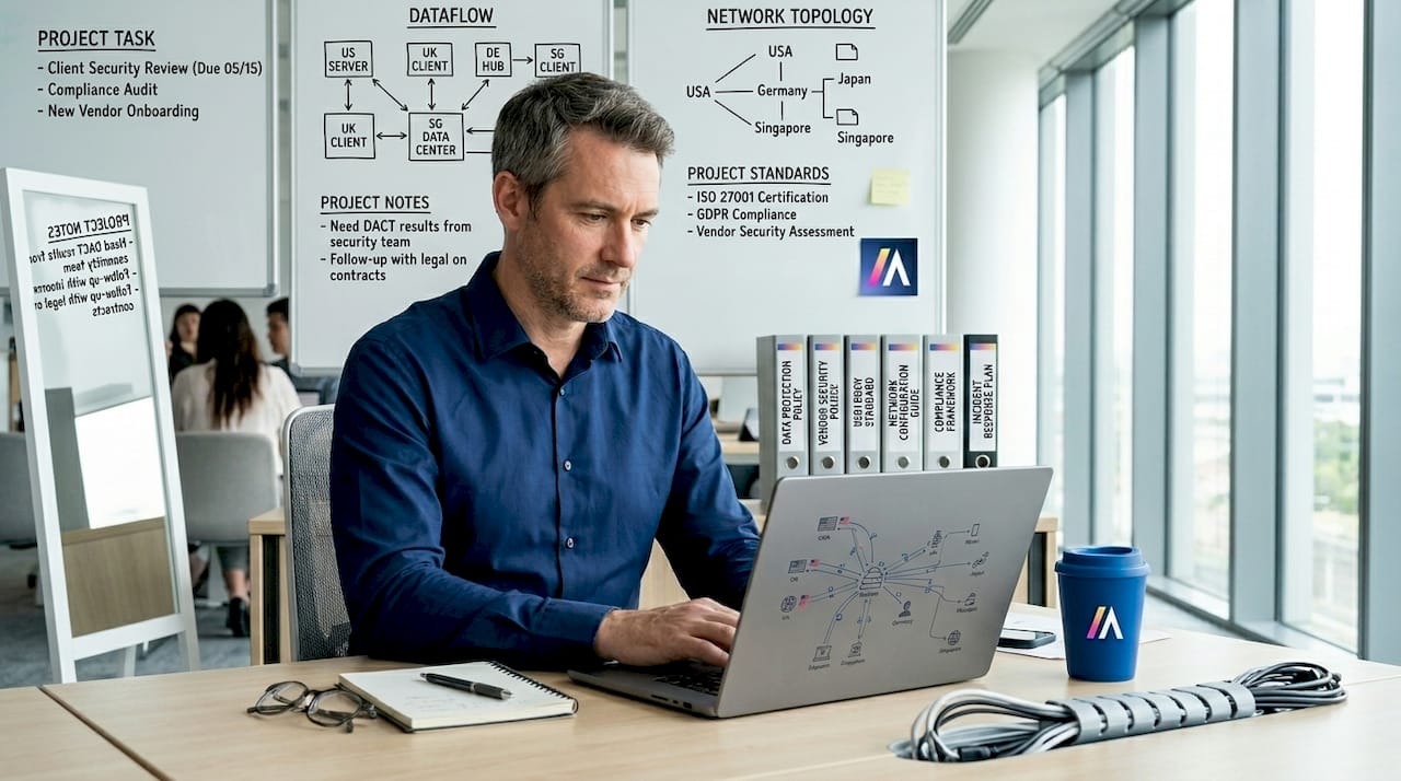 Manager reviews vendor data flow in office
