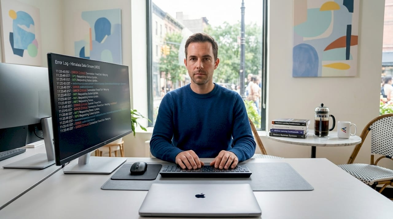 Data analyst reviews error log at open desk