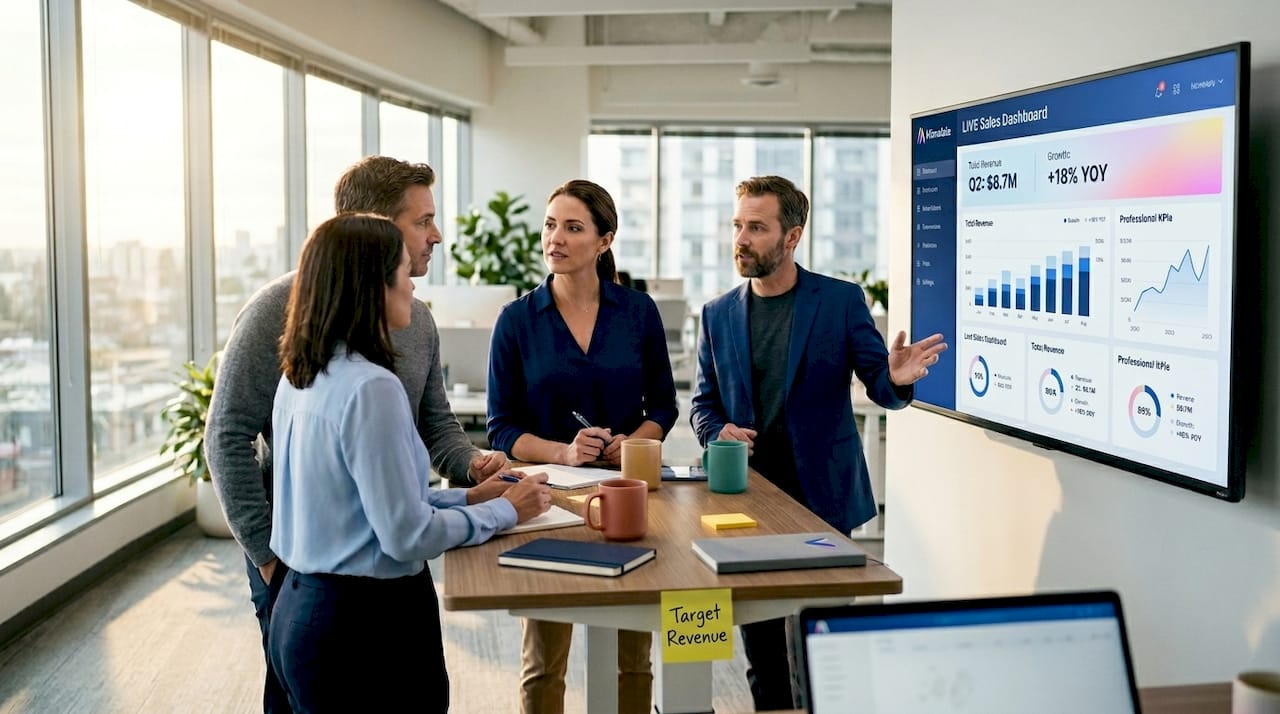 Team viewing live sales dashboard in office