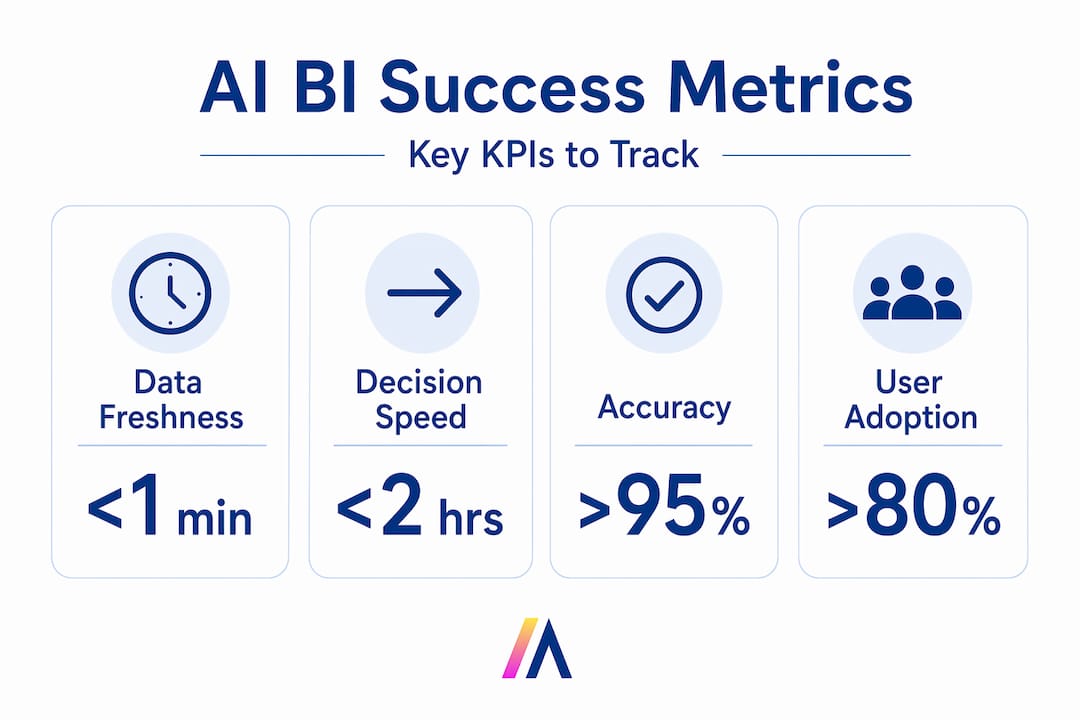Infographic showing key AI BI KPIs: freshness, speed, accuracy, adoption