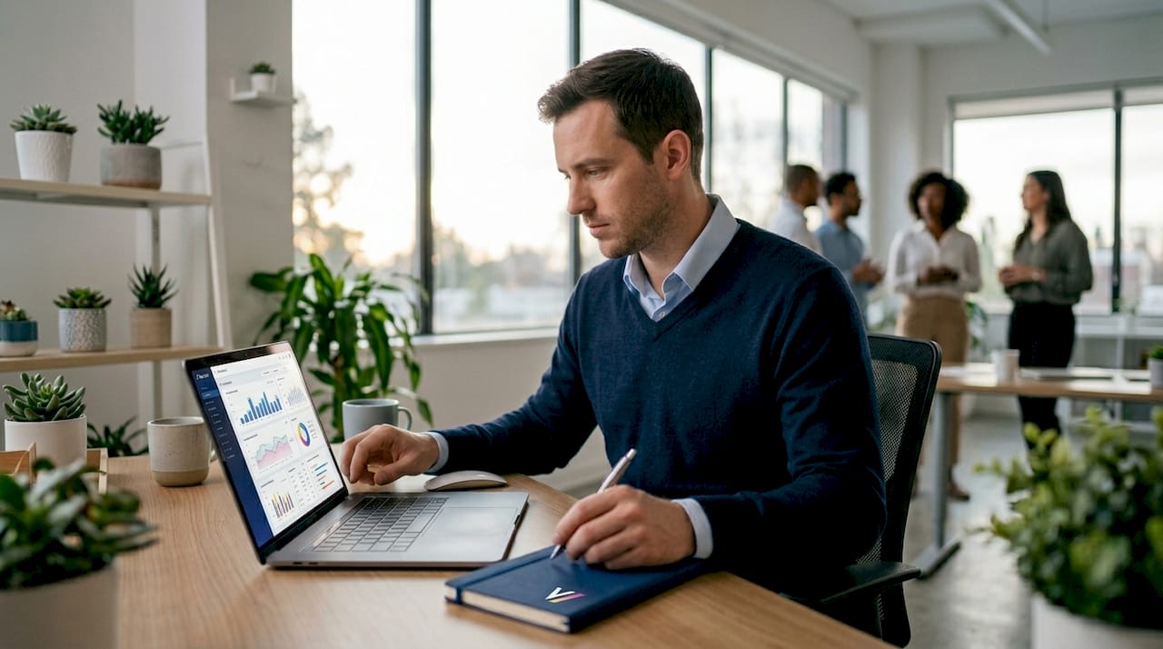 Engineer working on BI dashboard in office