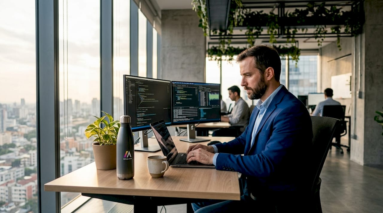 Data engineer working at laptop with monitors