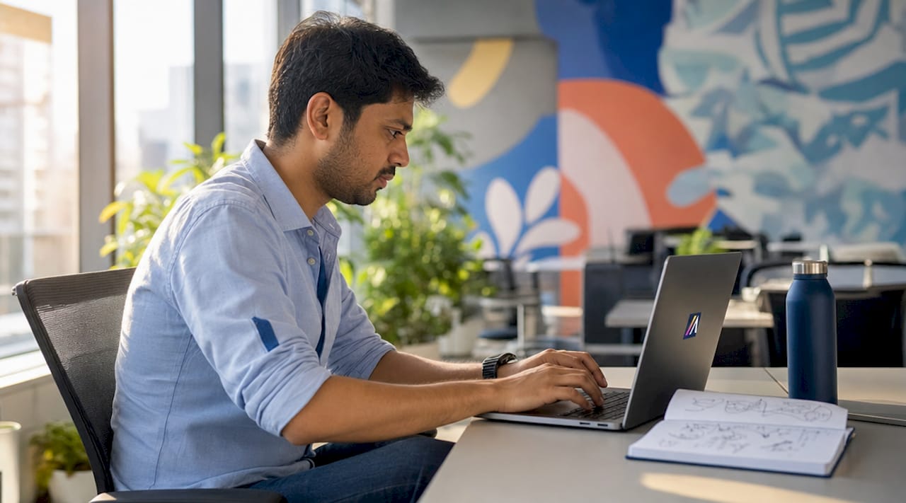 Engineer typing federated query on laptop