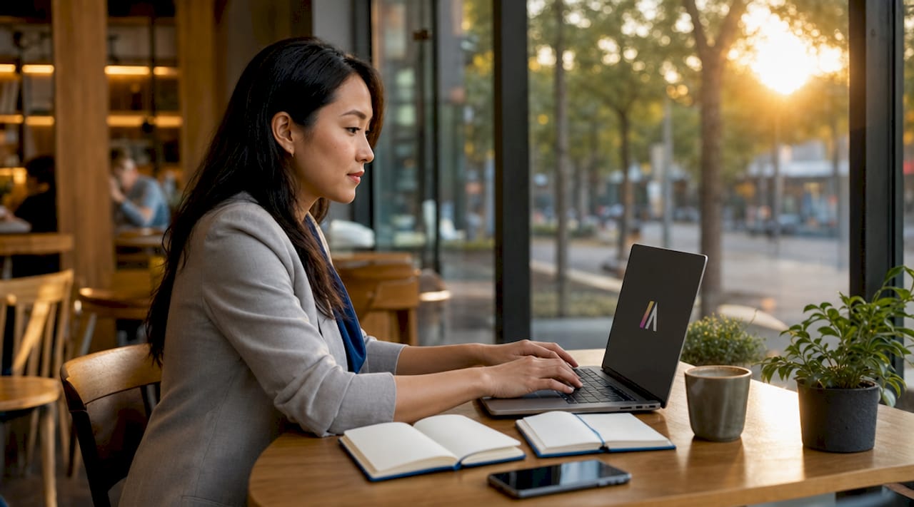 Professional woman using AI copilot at desk