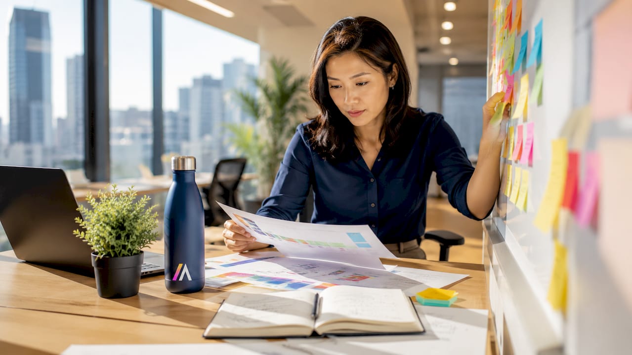 Professional woman organizing AI workflow charts at desk