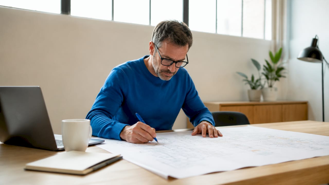 Chef de projet en pleine analyse d’un schéma de processus à son bureau.