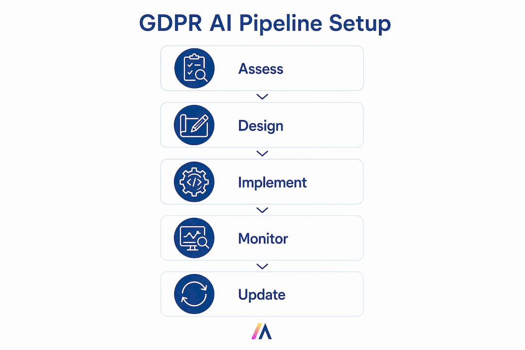 Infographic showing step-by-step GDPR AI pipeline setup