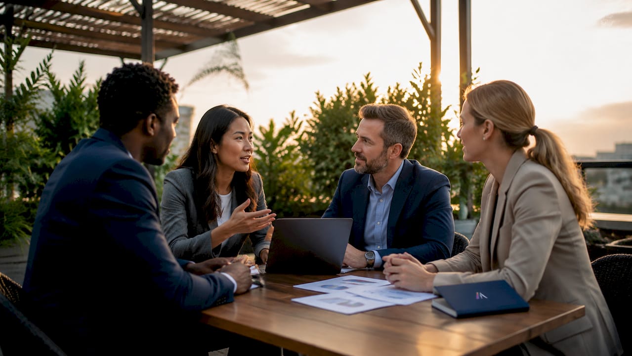 Business team discussing AI strategy around table