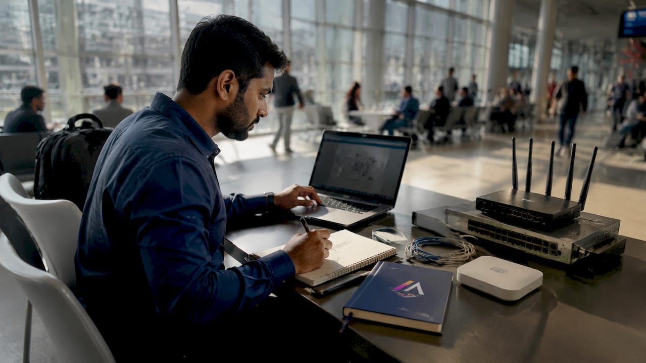 Network engineer reviewing AI security network diagrams
