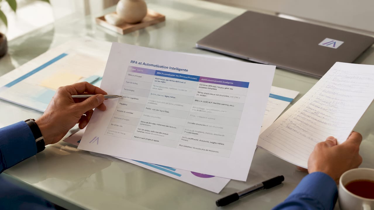 Des mains manipulant des documents liés à l’automatisation et à la robotisation des processus.