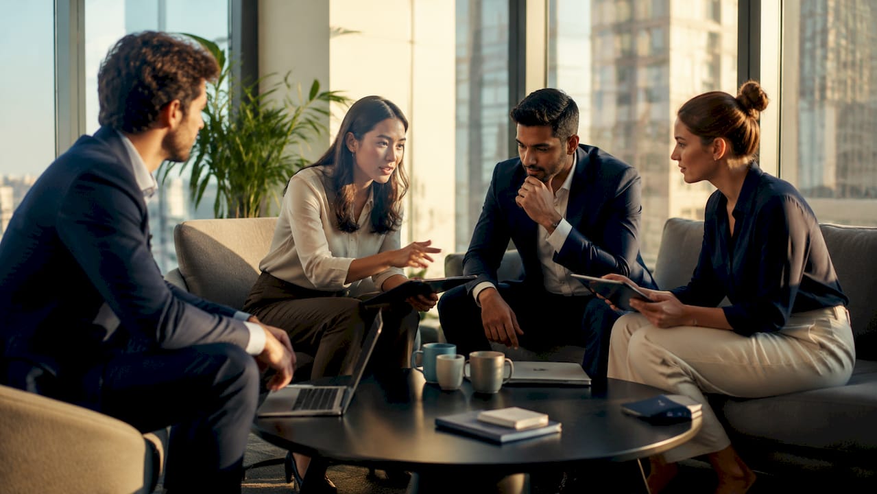 Team collaborating on AI-driven projects in office