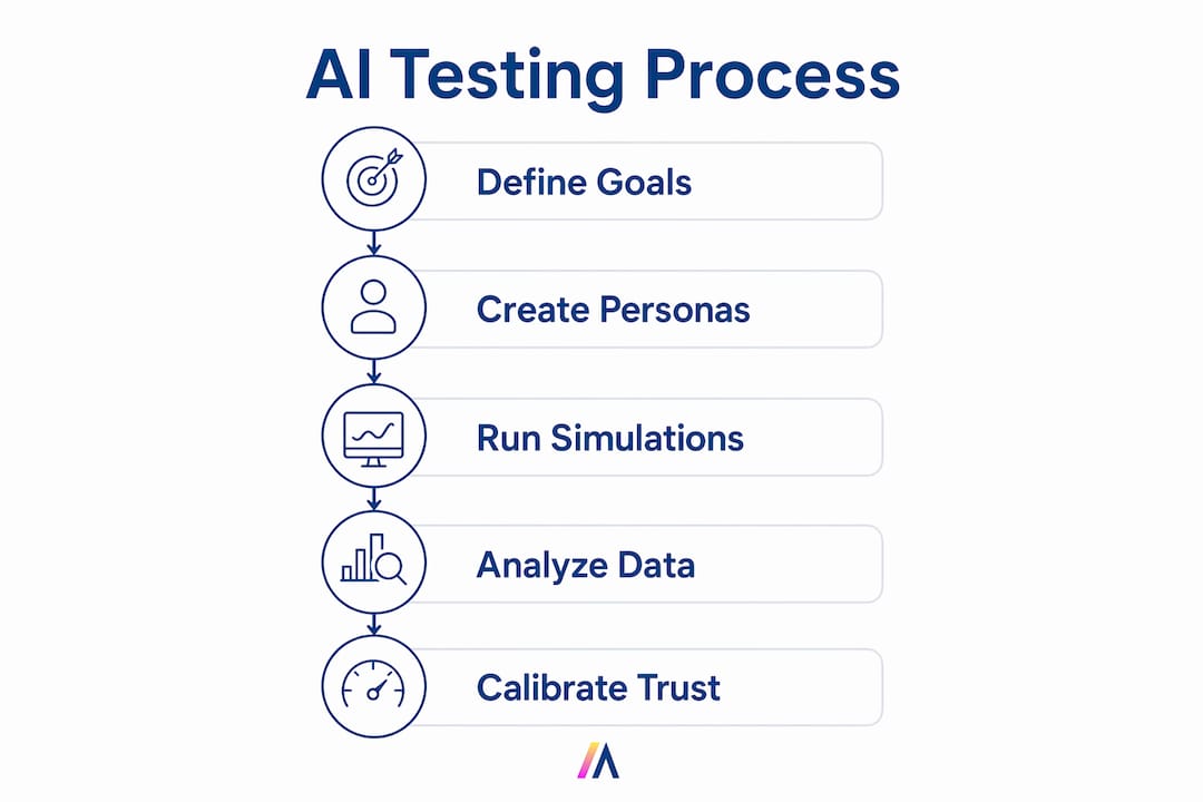 Infographic illustrating AI testing process steps