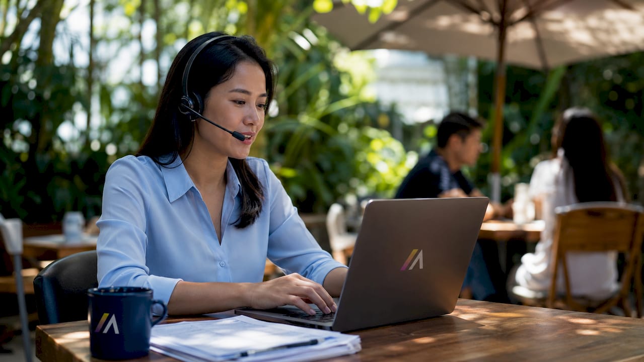 Support agent managing tickets at desk