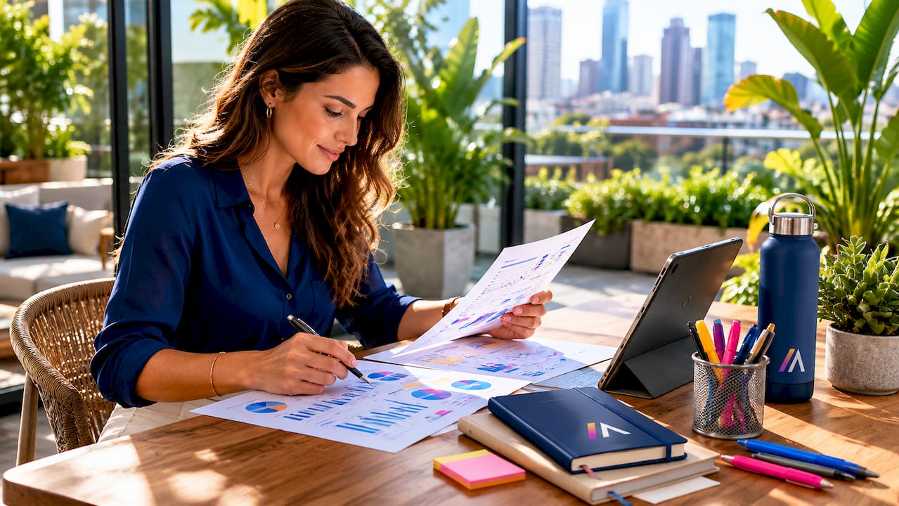 Female data analyst reviewing reports in office