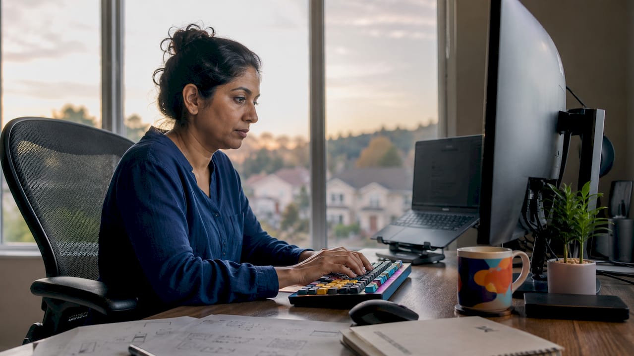 Engineer coding AI security in office