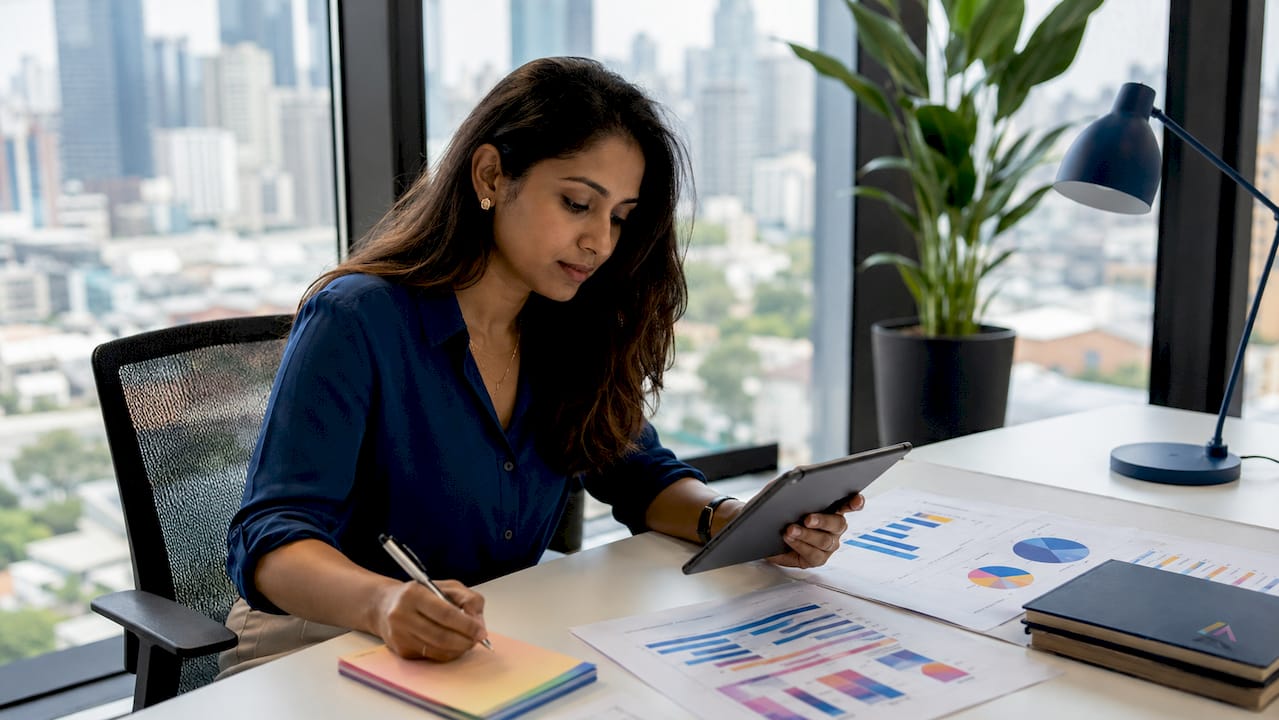 Finance professional analyzing AI ROI reports