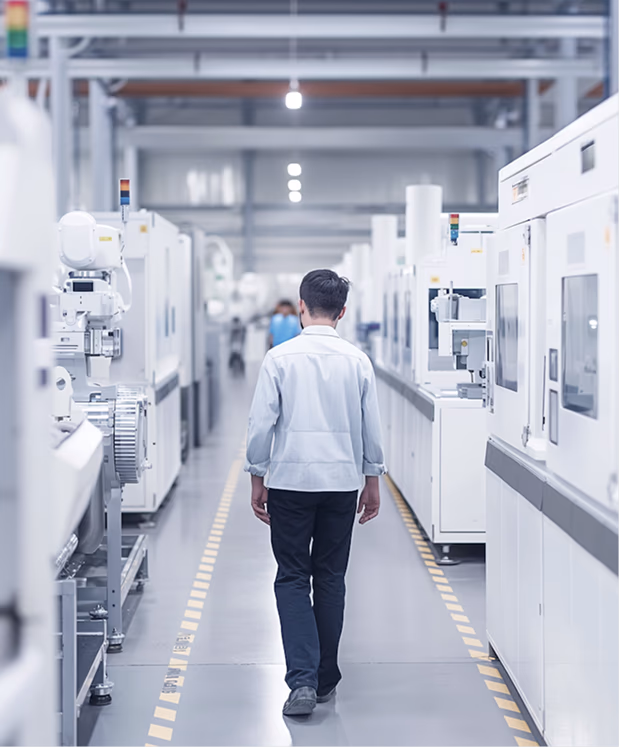 Man in white jacket walking down an aisle between rows of industrial machines in a factory.