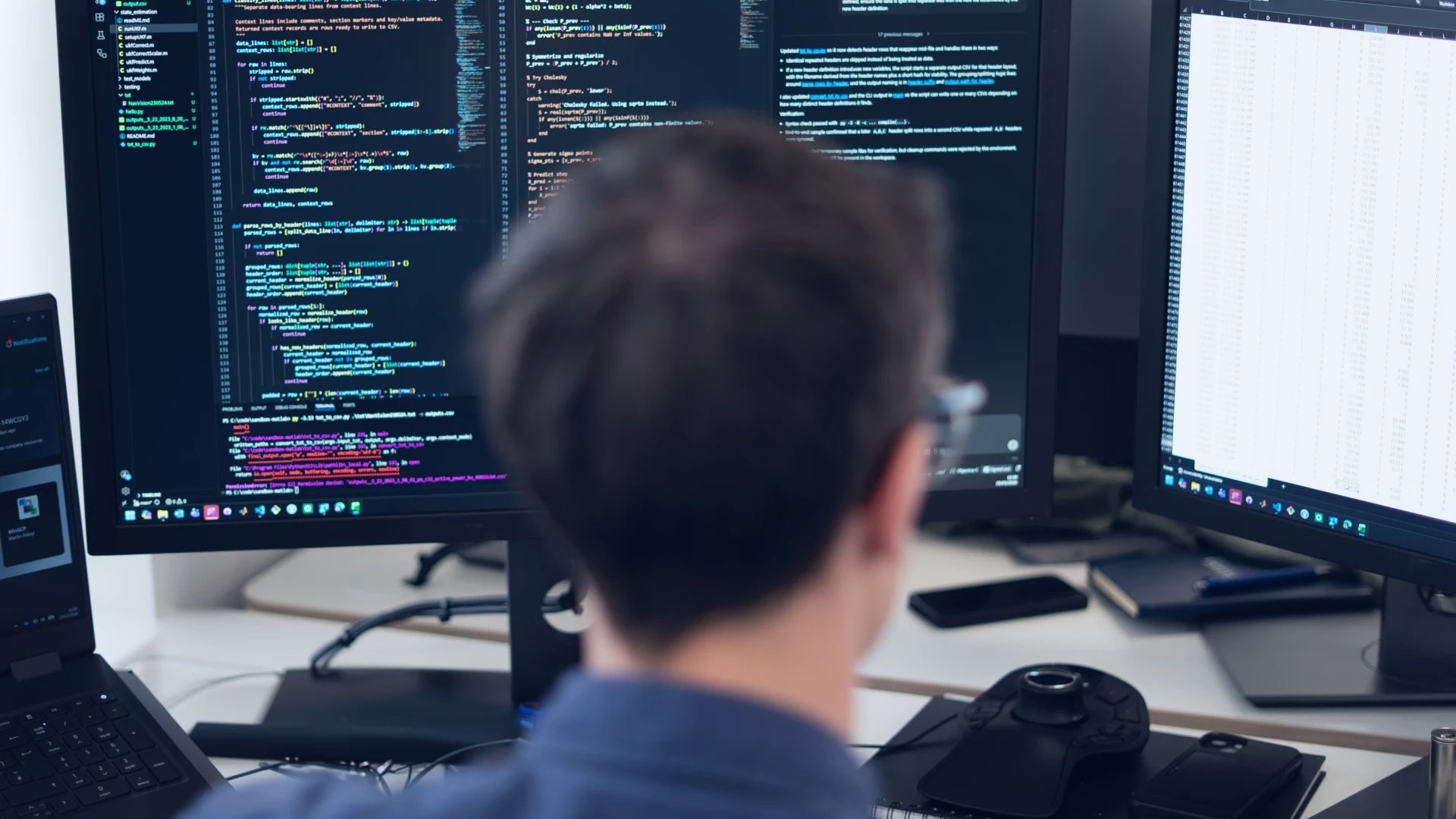 Person wearing glasses working on computer code and data spreadsheets on dual monitors.