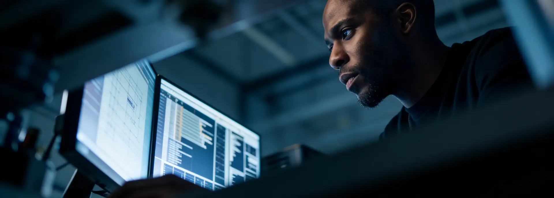Man focused on computer screens displaying code and data in a dimly lit workspace.