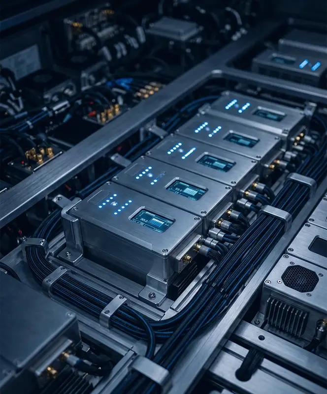 Metallic electronic devices with digital displays and blue LED indicators mounted with organized black cables.