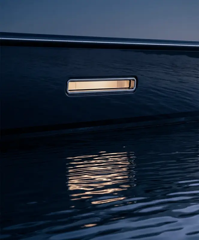 Small rectangular porthole window lit from inside on dark boat hull reflecting light on water.