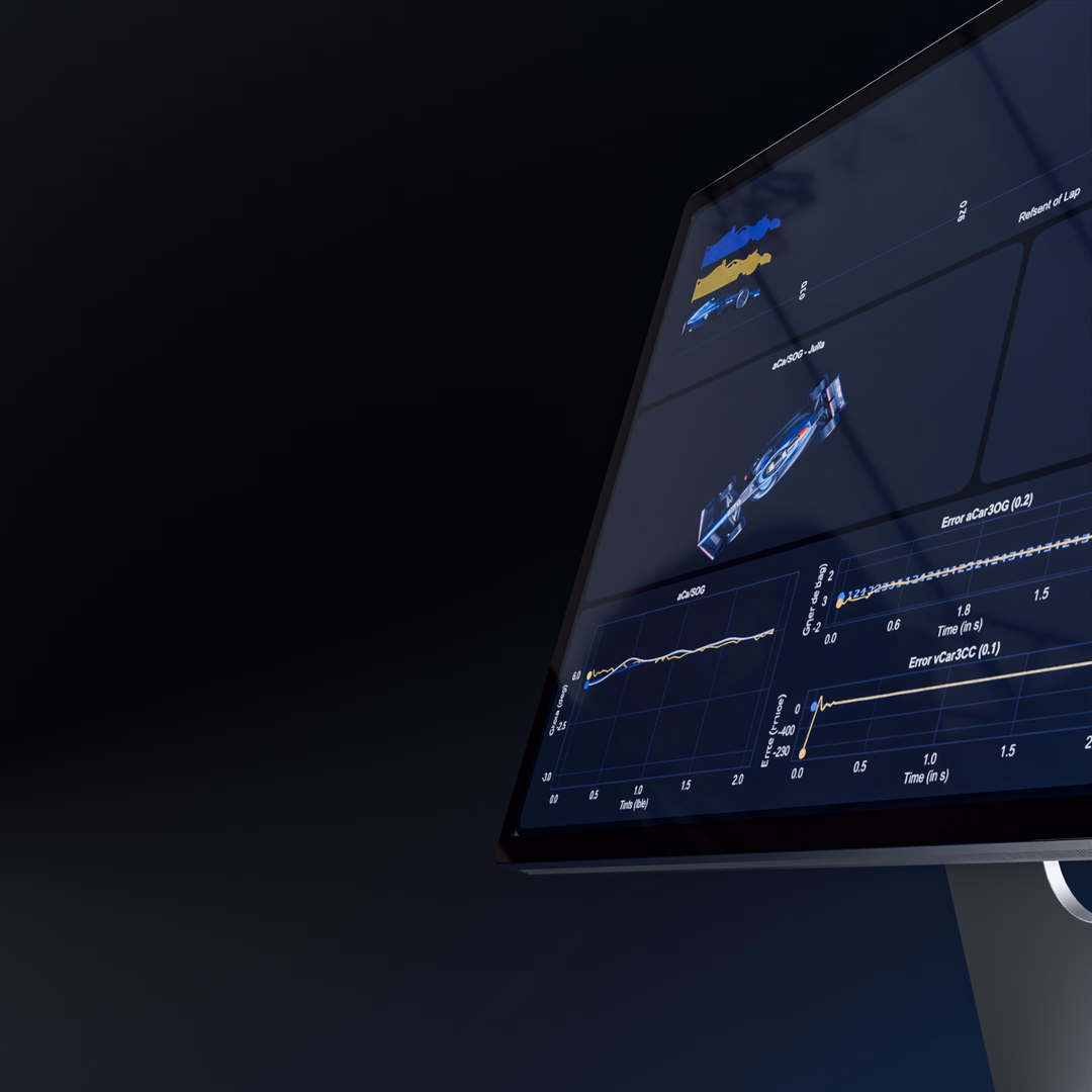 Computer monitor showing racing car data with graphs and car models in dark-themed interface.