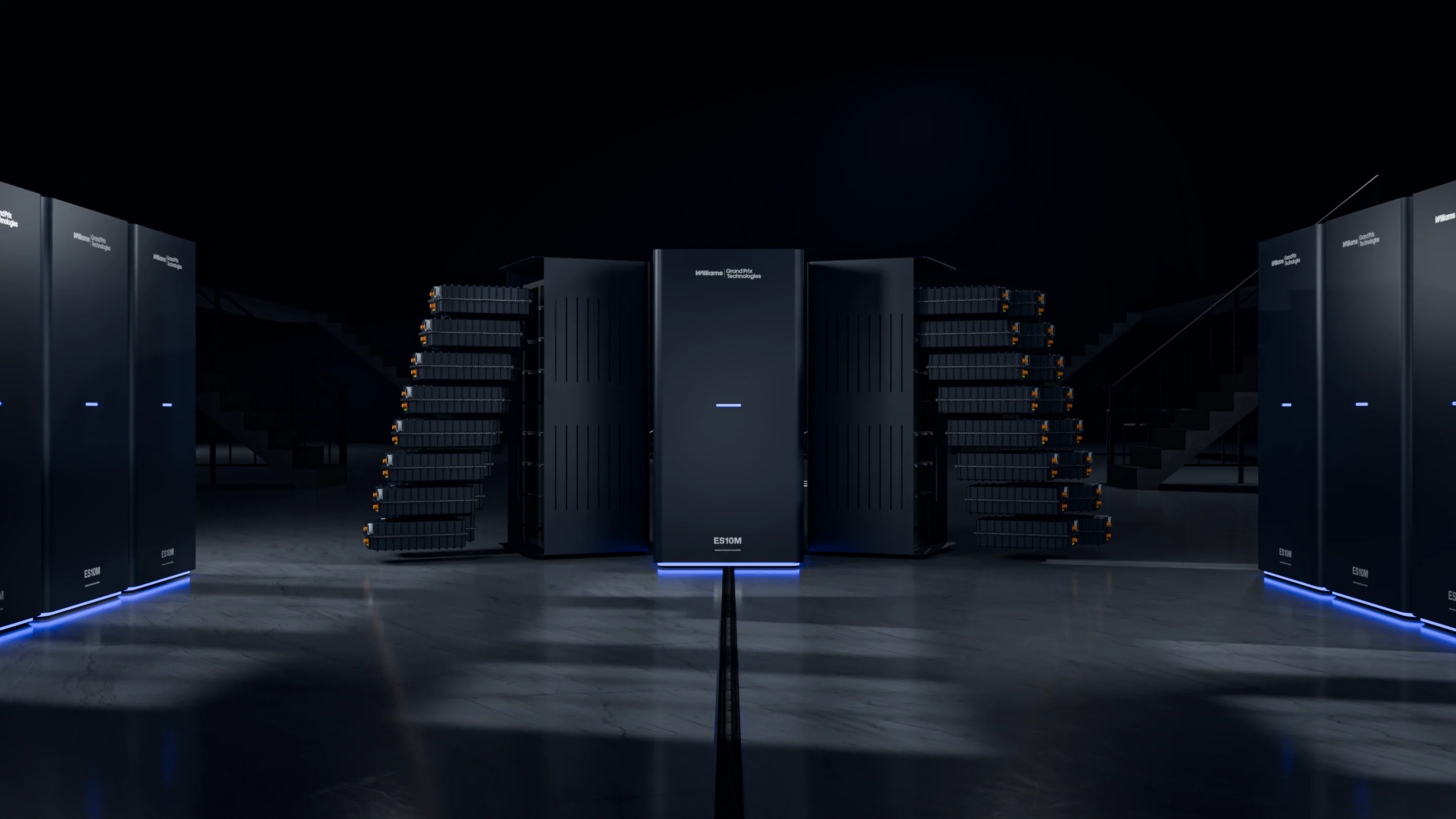 A row of black Williams Grand Prix Technologies ES10M server units in a dark industrial space.