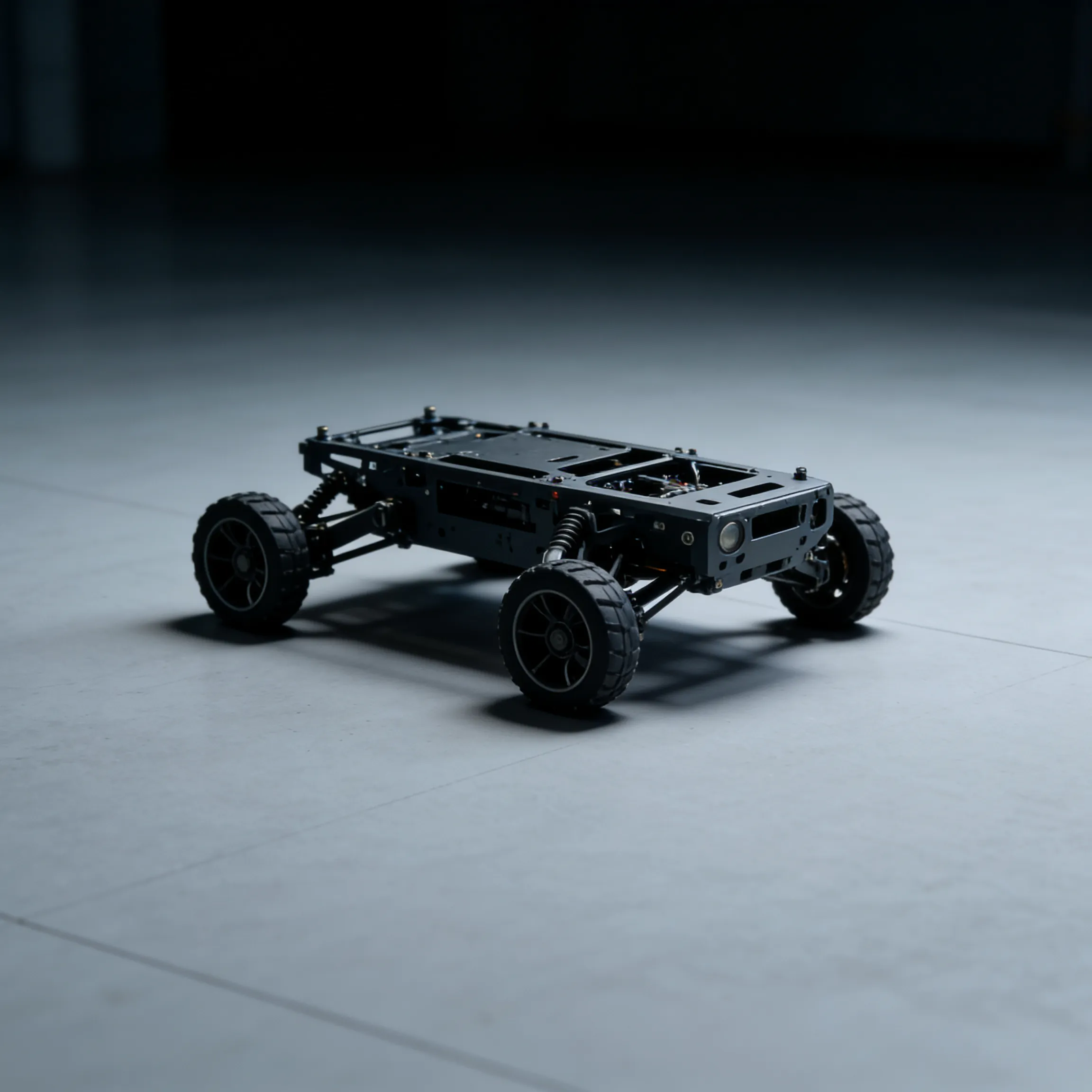 Black robotic vehicle chassis with four wheels on a gray floor in a dimly lit room.