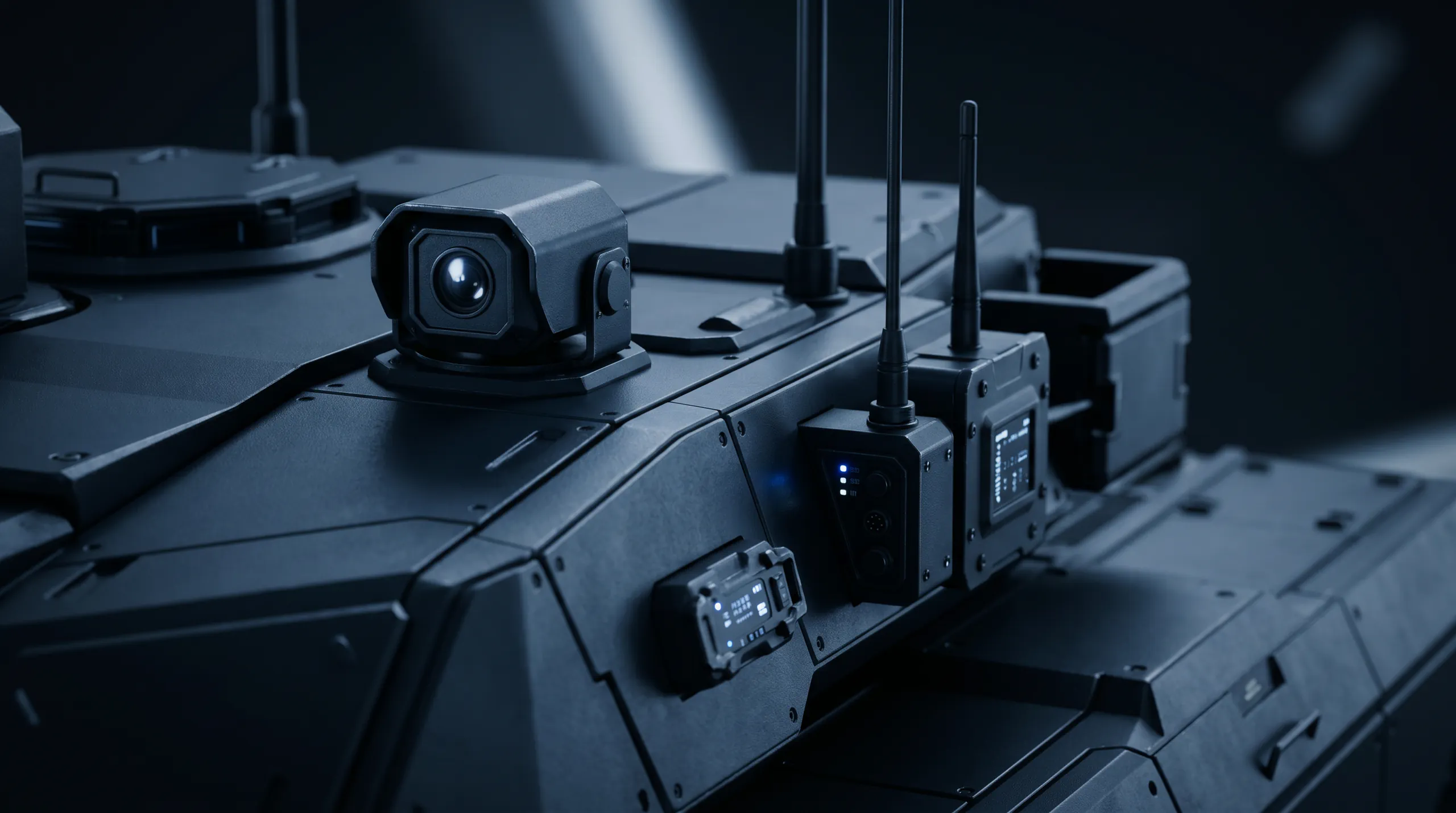 Close-up of a black military robot with cameras and antennas against a dark background.