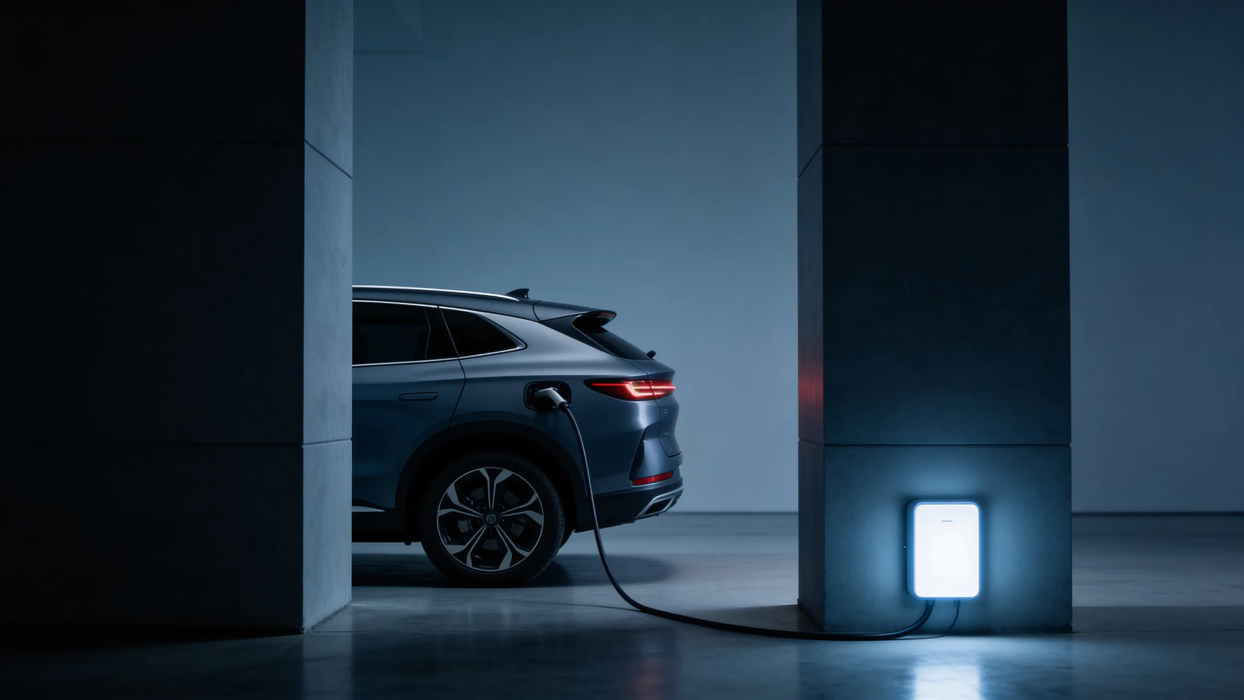 Electric SUV charging at a wall-mounted charging station in a modern, dimly lit garage.