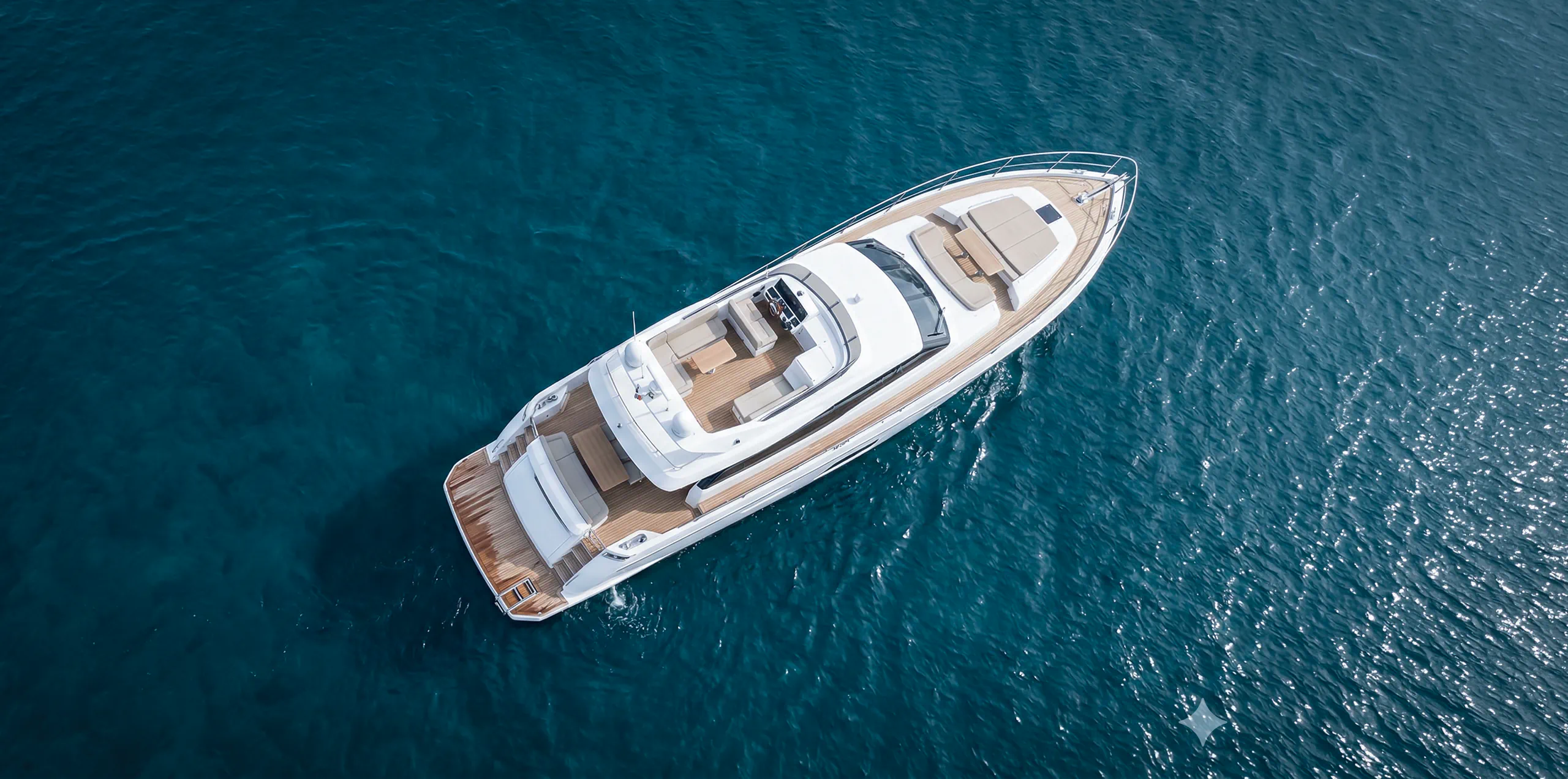 A white luxury yacht with wooden deck floating on deep blue calm water viewed from above.