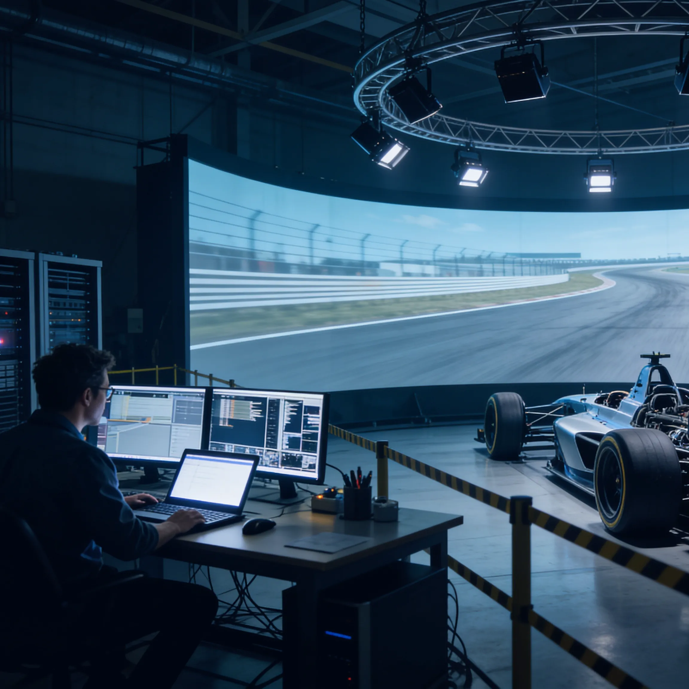 Engineer working on a laptop with multiple monitors in front of a racing car and large track simulator screen.