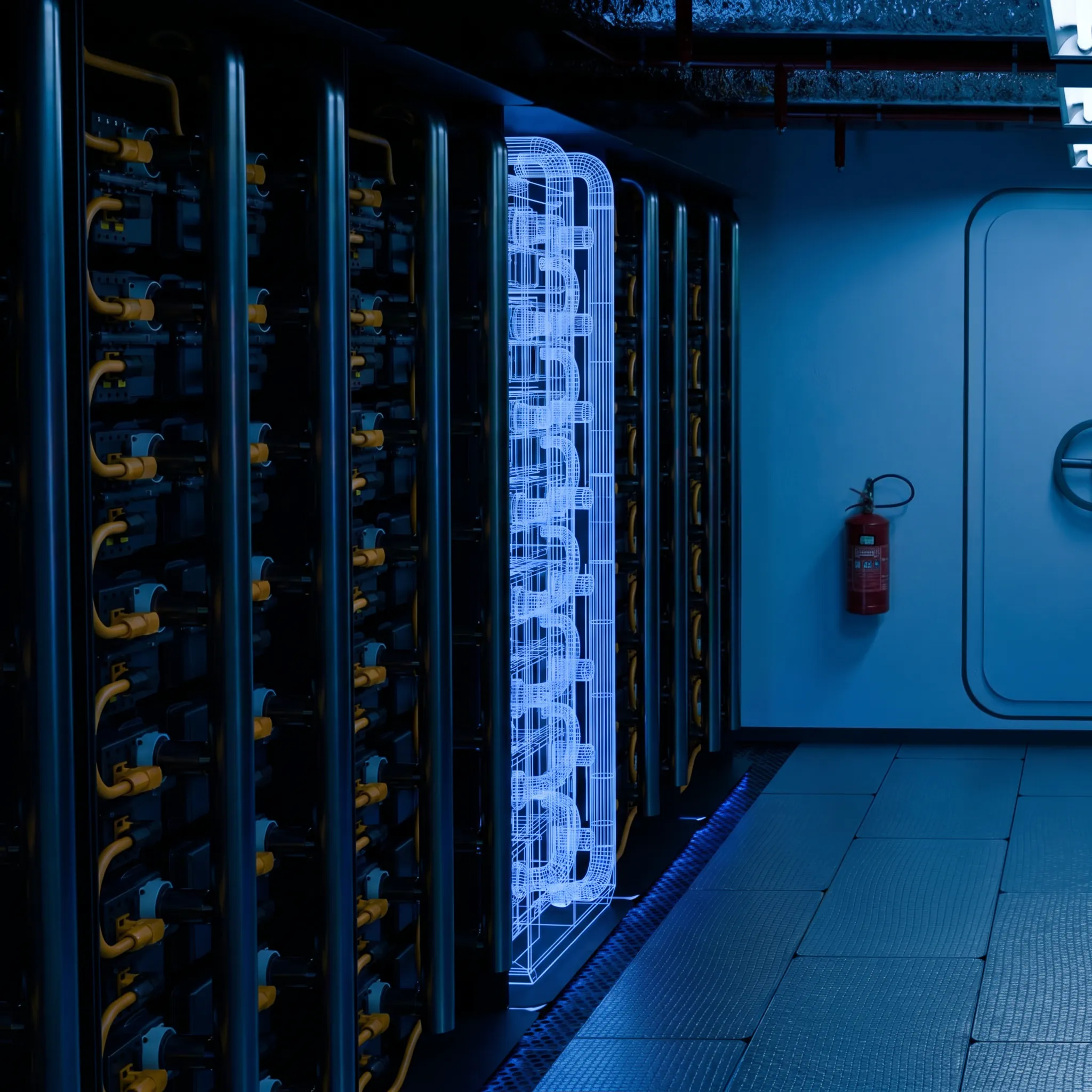 Dark server room with rack-mounted equipment, yellow cables, and a blue digital wireframe overlay on one rack.
