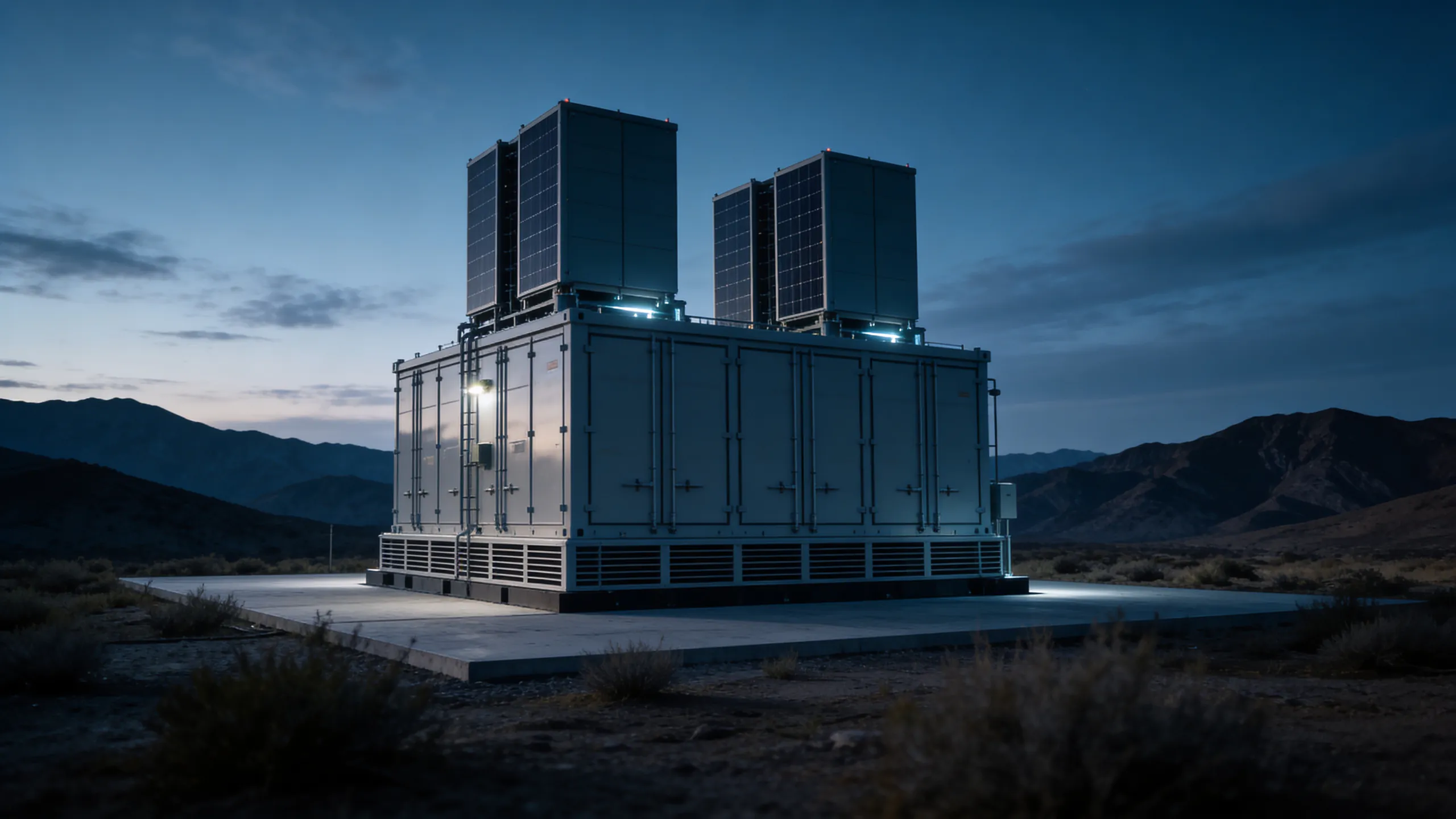 Large battery storage unit with solar panels on top, set on concrete pad in a desert at dusk.