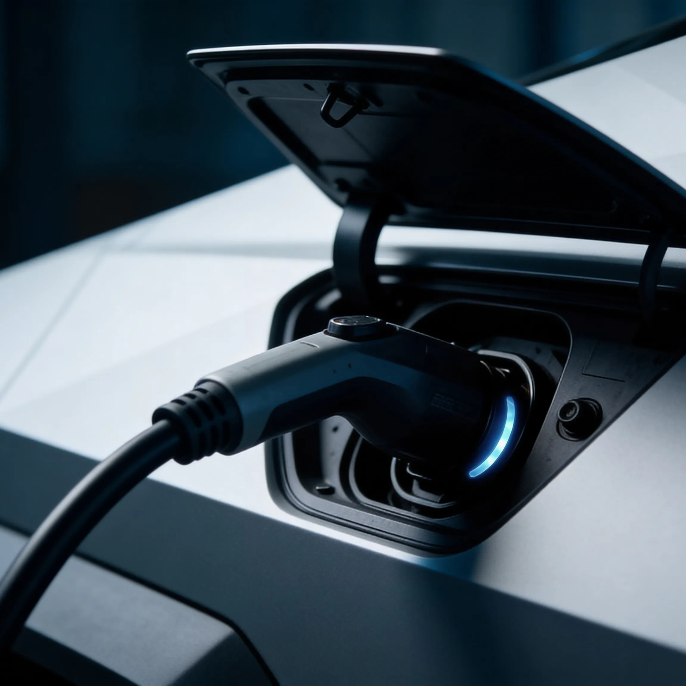 Close-up of an electric vehicle charging port with a plugged-in charging connector and blue indicator lights.