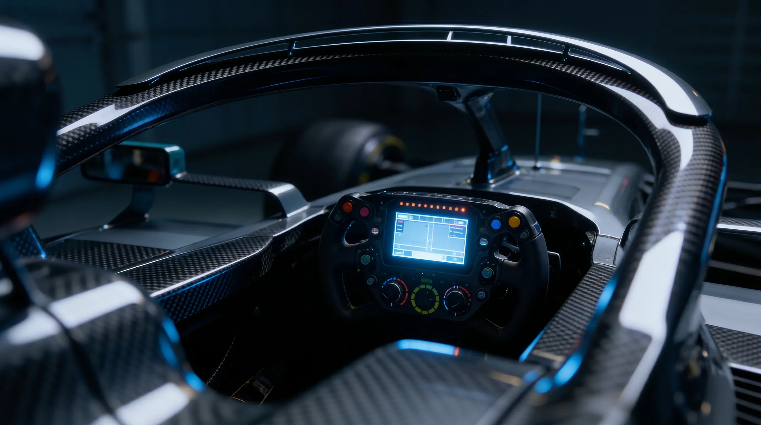 Close-up of a high-tech racing car cockpit showing a steering wheel with digital display and carbon fiber frame.