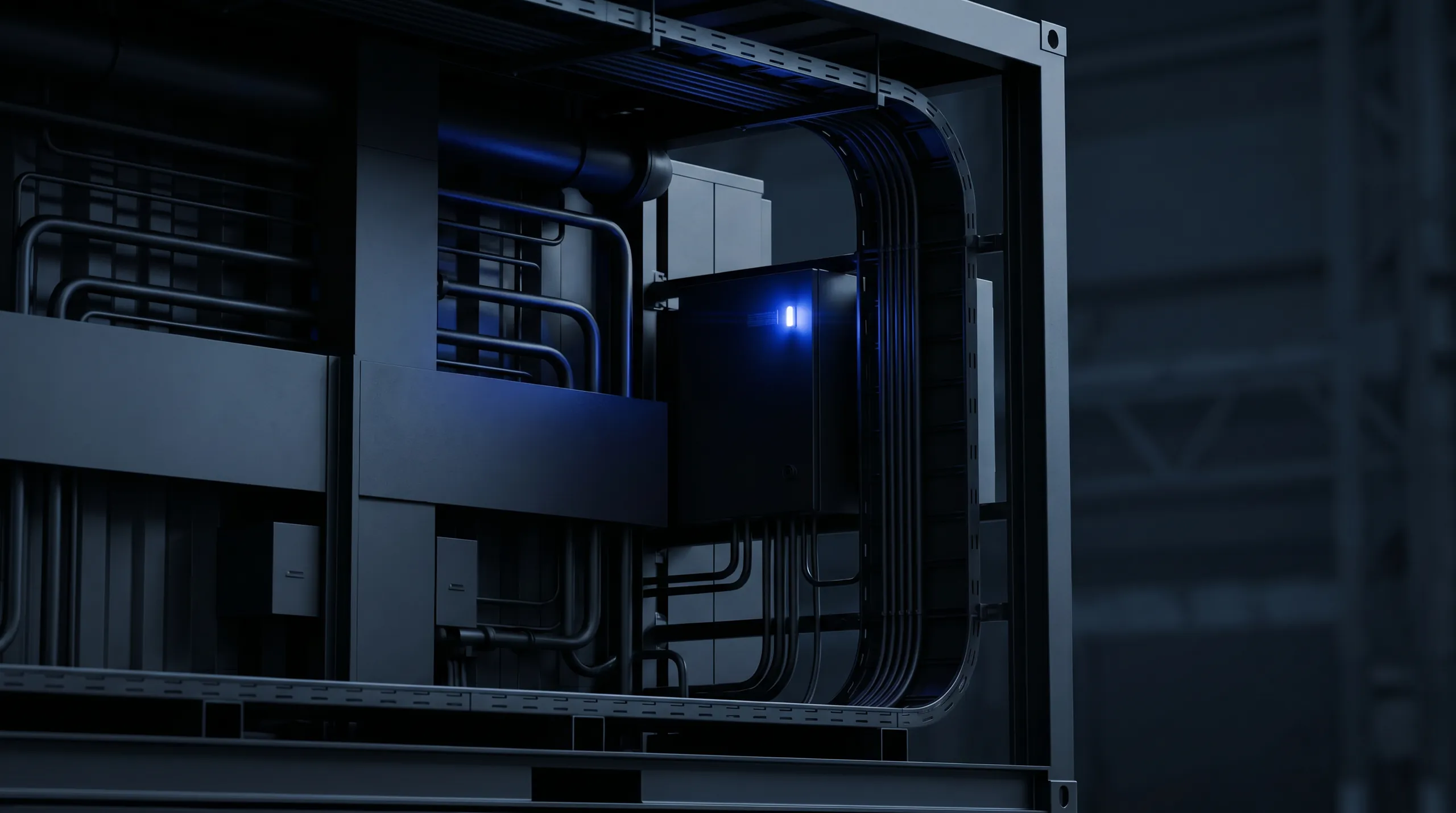 Dark industrial electrical panel with blue indicator light and multiple black cables and pipes.