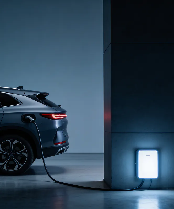 Electric SUV charging at a glowing wall-mounted charging station in a modern indoor setting.
