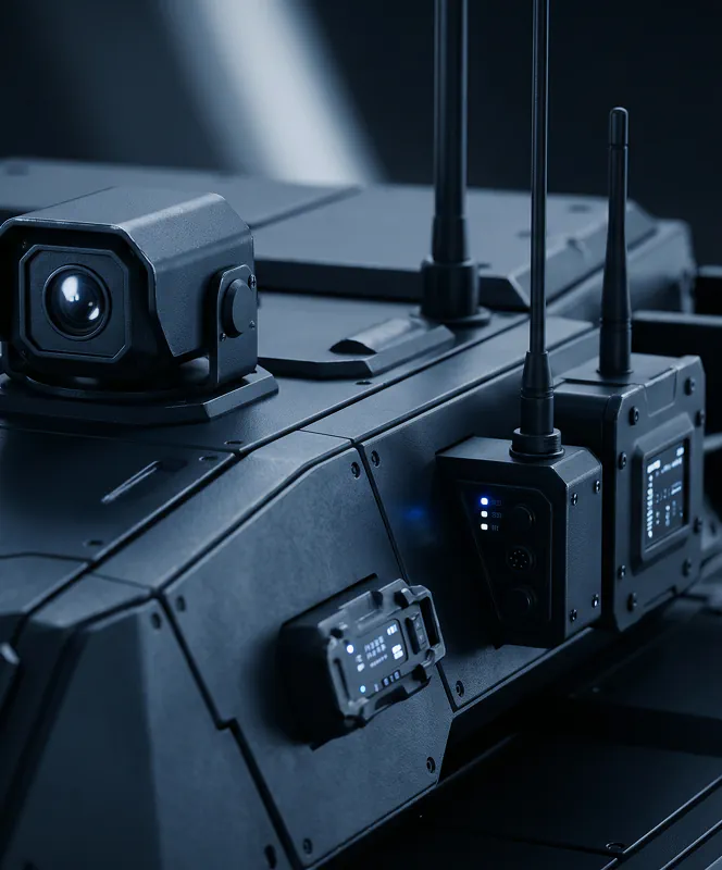 Close-up of a black surveillance drone with camera and antennas in a dark setting.