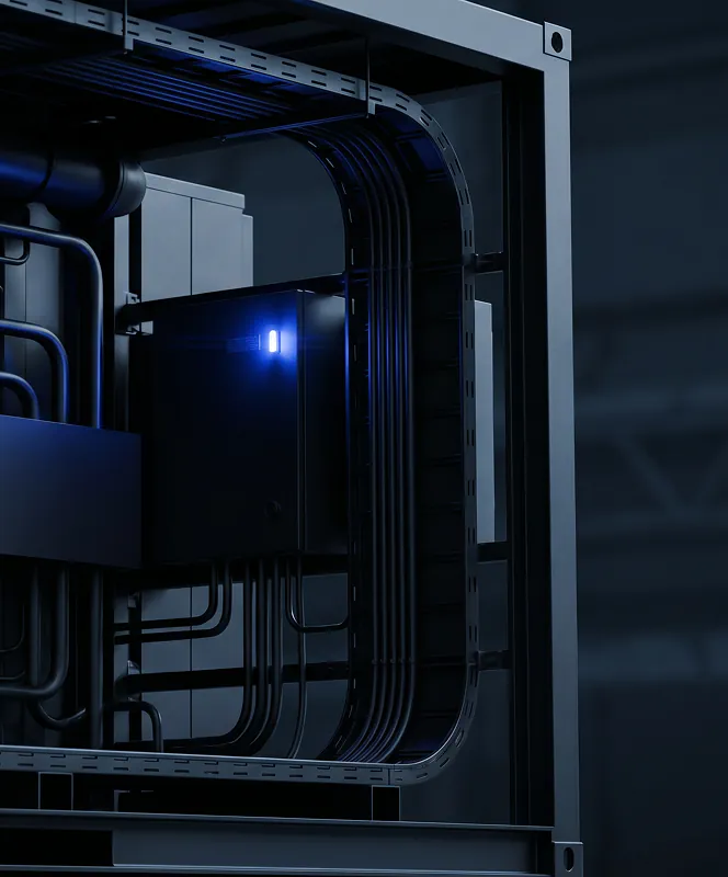 Close-up of industrial piping and cables inside a dark metal frame with a glowing blue light.