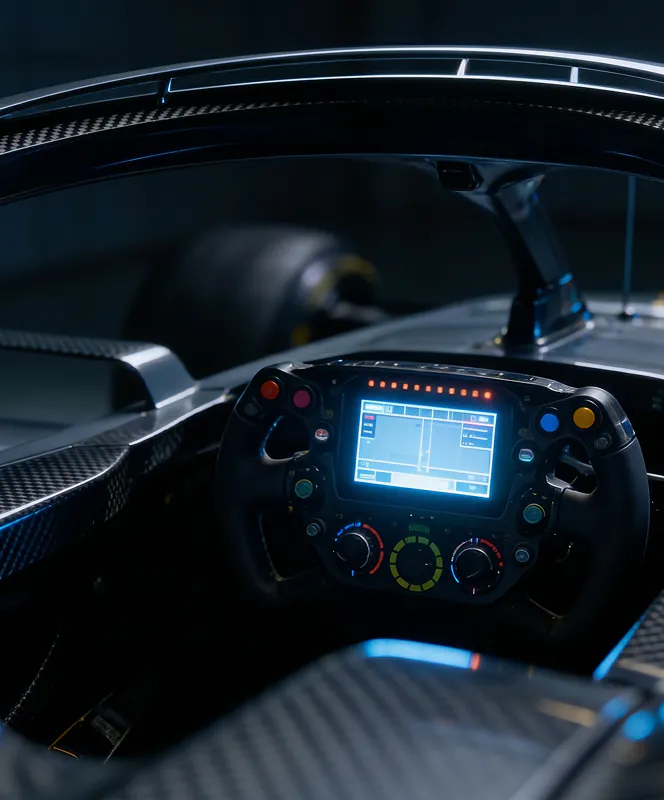 Close-up of a Formula 1 racing car steering wheel with digital display and control buttons.