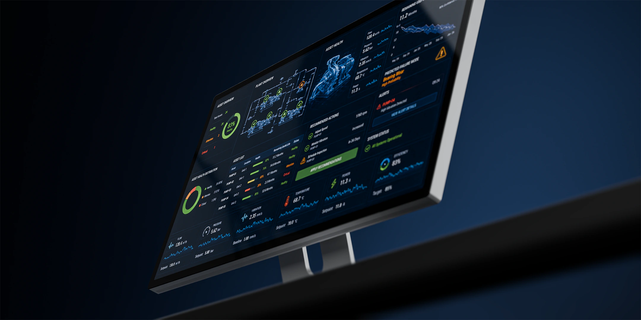 Monitor displaying the physics informed machine learning dashboard with charts, graphs, and alerts in dark mode.